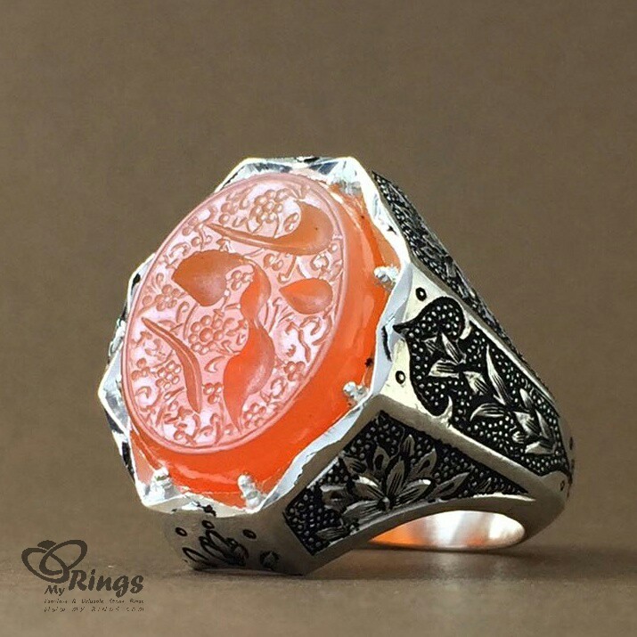 حجر اليمني البرتقالي العقيق مع خاتم فضة مصنوع يدوياً MR0020