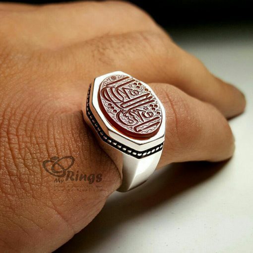 خاتم فضة مصنوع يدوياً رائع مع حجر العقيق اليمني البني الأصلي MR0022