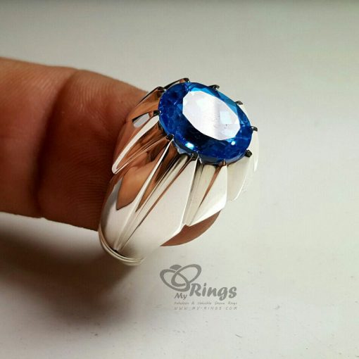 حجر التوباز الأزرق الأصلي مع خاتم فضة مصنوع يدوياً MR0030