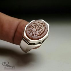 خاتم فضة مصنوع يدويًا مع عقيق يمني بني أصلي