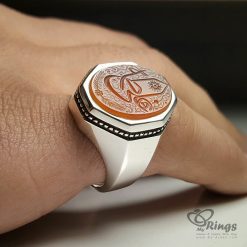 خاتم فضة مصنوع يدوياً مع عقيق يمني بني أصلي MR0059