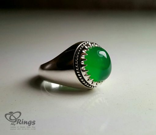 خاتم فضة مصنوع يدوياً مع حجر عقيق أخضر طبيعي