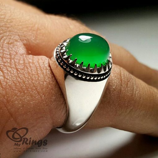 خاتم فضة مصنوع يدوياً مع حجر عقيق أخضر طبيعي MR0069