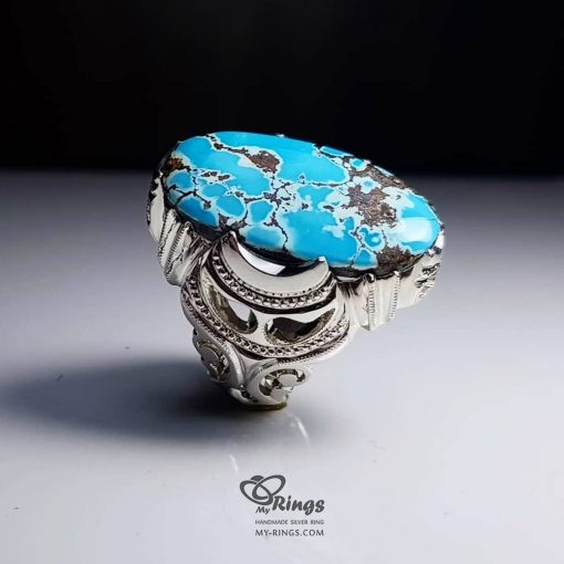خاتم فضة مصنوع يدوياً مع حجر فيروز نيشابور الأصلي