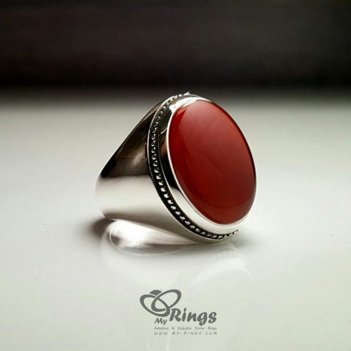 Red Yemeni Akeek With Handmade Silver Ring