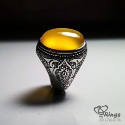 Natural Yellow Agate With Engraved Silver Ring