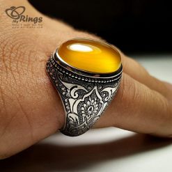 Natural Yellow Agate With Engraved Silver Ring