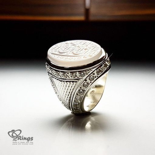 Exquisite Engraved White Yemeni Agate On Handmade Silver Ring