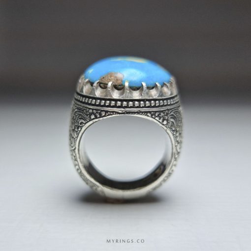 Sky In Hand, Special Neyshabr Ferooza With Hand Engraved Silver Ring