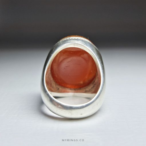 Quranic Amulet For Business And More Income On Orange Yemeni Aqeeq With Classic Silver Ring