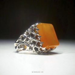 Elegant Orange Yemeni Aqiq With Handmade Silver Ring
