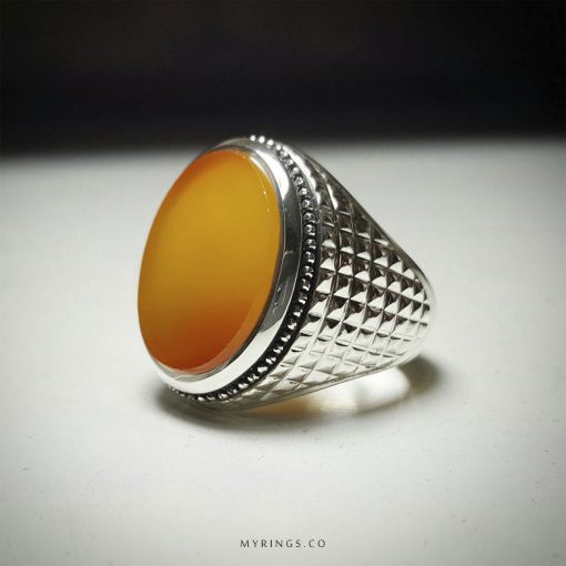 Natural Orange Yemeni Akeek With Handmade Silver Ring