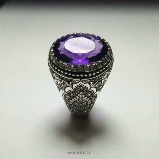 Hand Engraved Silver Ring With Natural Amethyst Stone