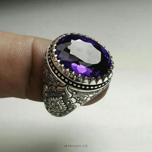 Hand Engraved Silver Ring With Natural Amethyst Stone