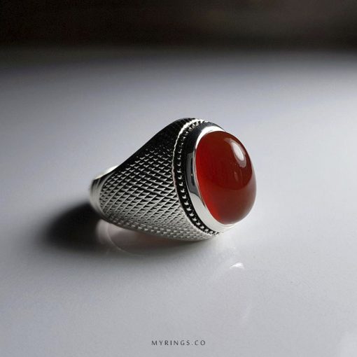 Special Red Yamani Aqeeq With Handmade Silver Ring