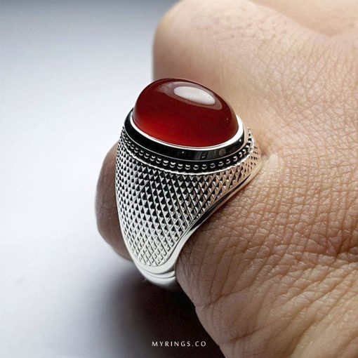 Special Red Yamani Aqeeq With Handmade Silver Ring