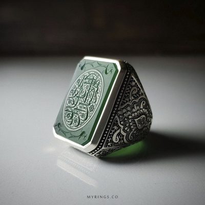Muslim Ring With Natural Green Aqeeq And Hand Engraved Silver Ring