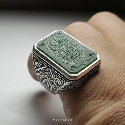 Muslim Ring With Natural Green Aqeeq And Hand Engraved Silver Ring