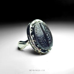 Amazing Hand Engraved Silver Ring With Black Yemeni Agate