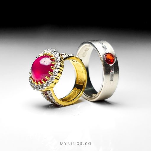 Special Wedding Ring Set Gold Ring And Super Silver Ring With Red Ruby And Brillinat